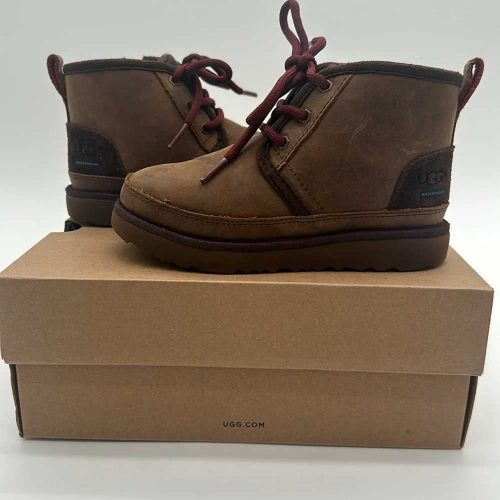UGG Kids Brown Lace-Up Waterproof Boots with Burgundy Laces